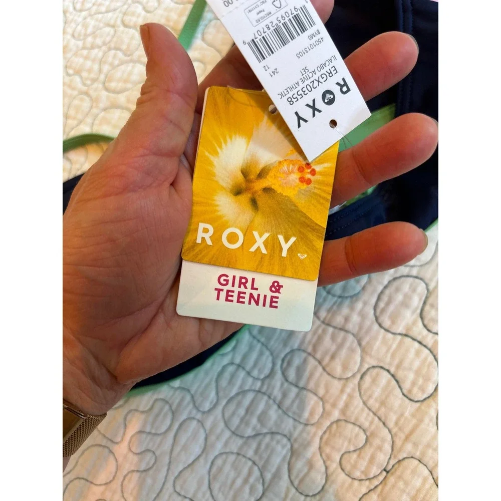 Roxy Girl Bikini Top Navy Pink Green Colorblock Adjustable Straps‎ Size 12